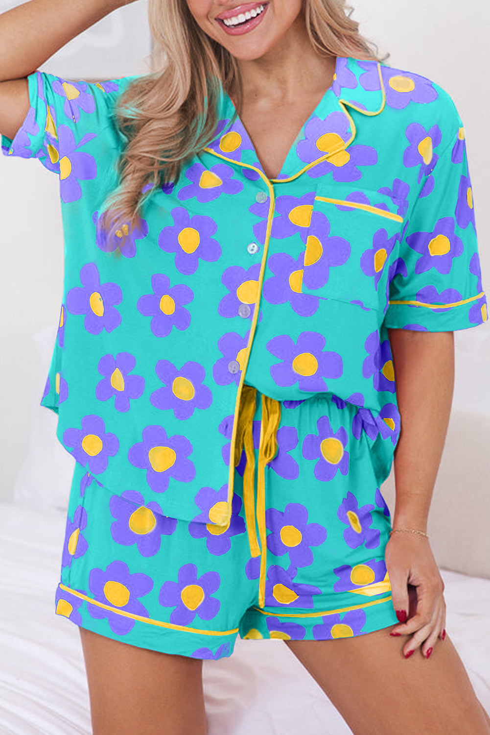 Flower Print Buttoned Shirt And Drawstring Waist Pajama Set