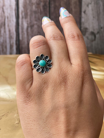 Handmade Turquoise & Sterling Adjustable Circle Stone Flower Ring