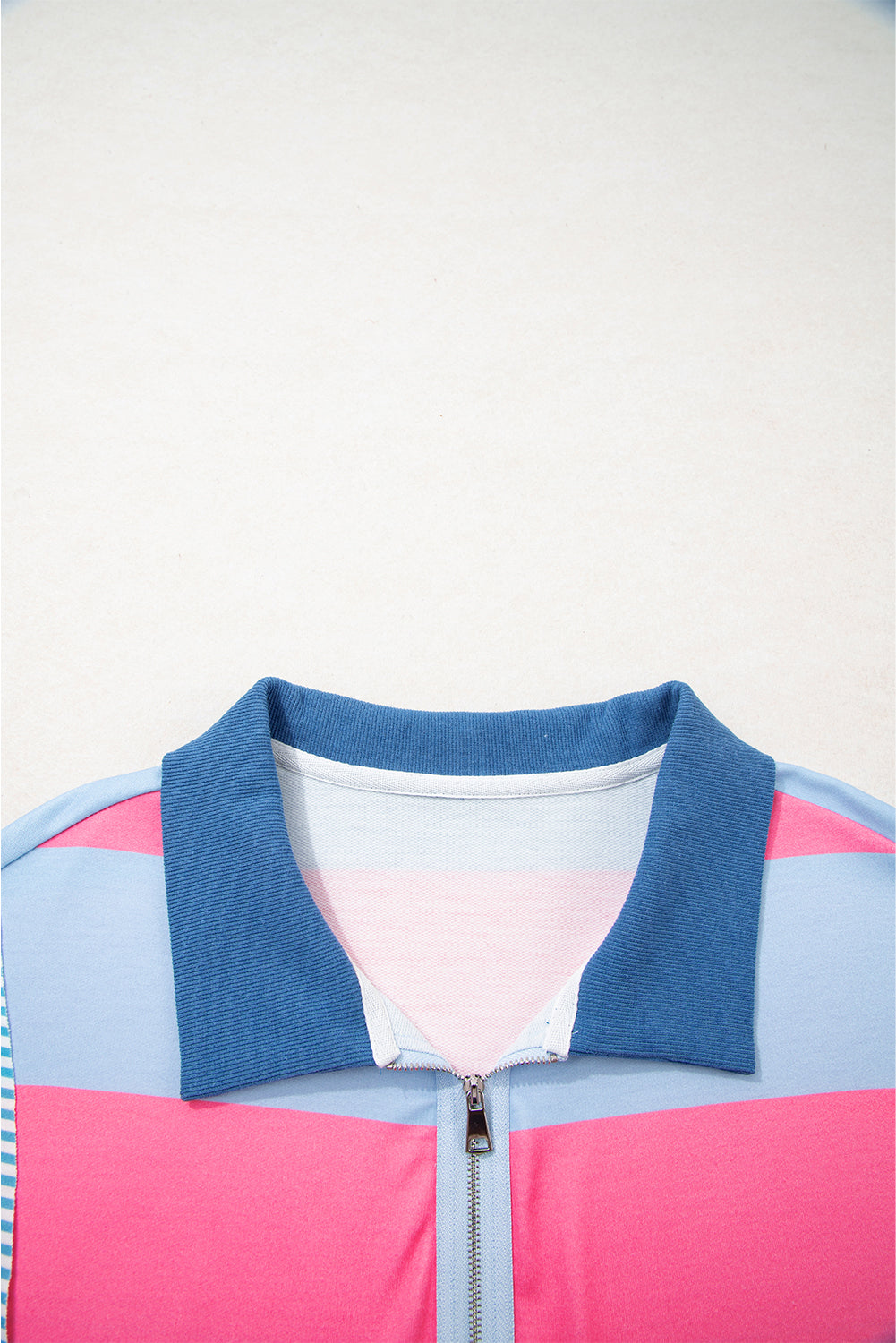 Blue Stripe Colorblock Patchwork Zip up Plus Size Pullover