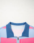 Blue Stripe Colorblock Patchwork Zip up Plus Size Pullover