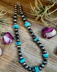 NFR Collection Necklace – 8mm & 14mm Sterling Silver Pearls with 20mm Turquoise Disc – Handmade by The Bijoux FAB – 23.5"