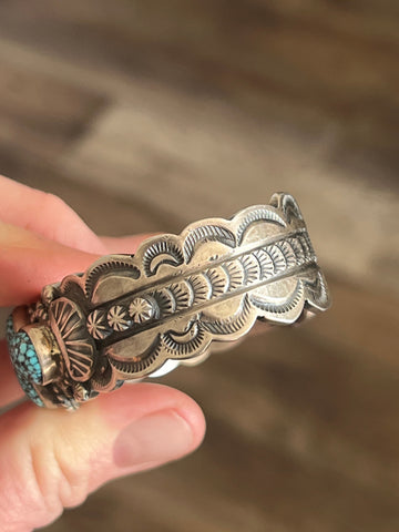 Navajo Sterling Silver and Spiderweb Kingman Turquoise Cuff Bracelet by Gilbert Tom