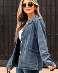 Solid Denim Scallop Collar Patch Pocket Buttoned Jacket