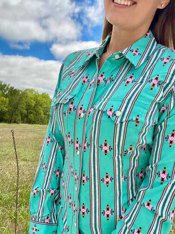 Shop Women's Wrangler Retro Southwestern Stripe Snap Shirt in Green