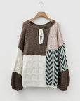 Colorblock Cable Knit Patchwork Tied Back Sweater