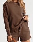 Textured Long Sleeve Top and Drawstring Shorts Set
