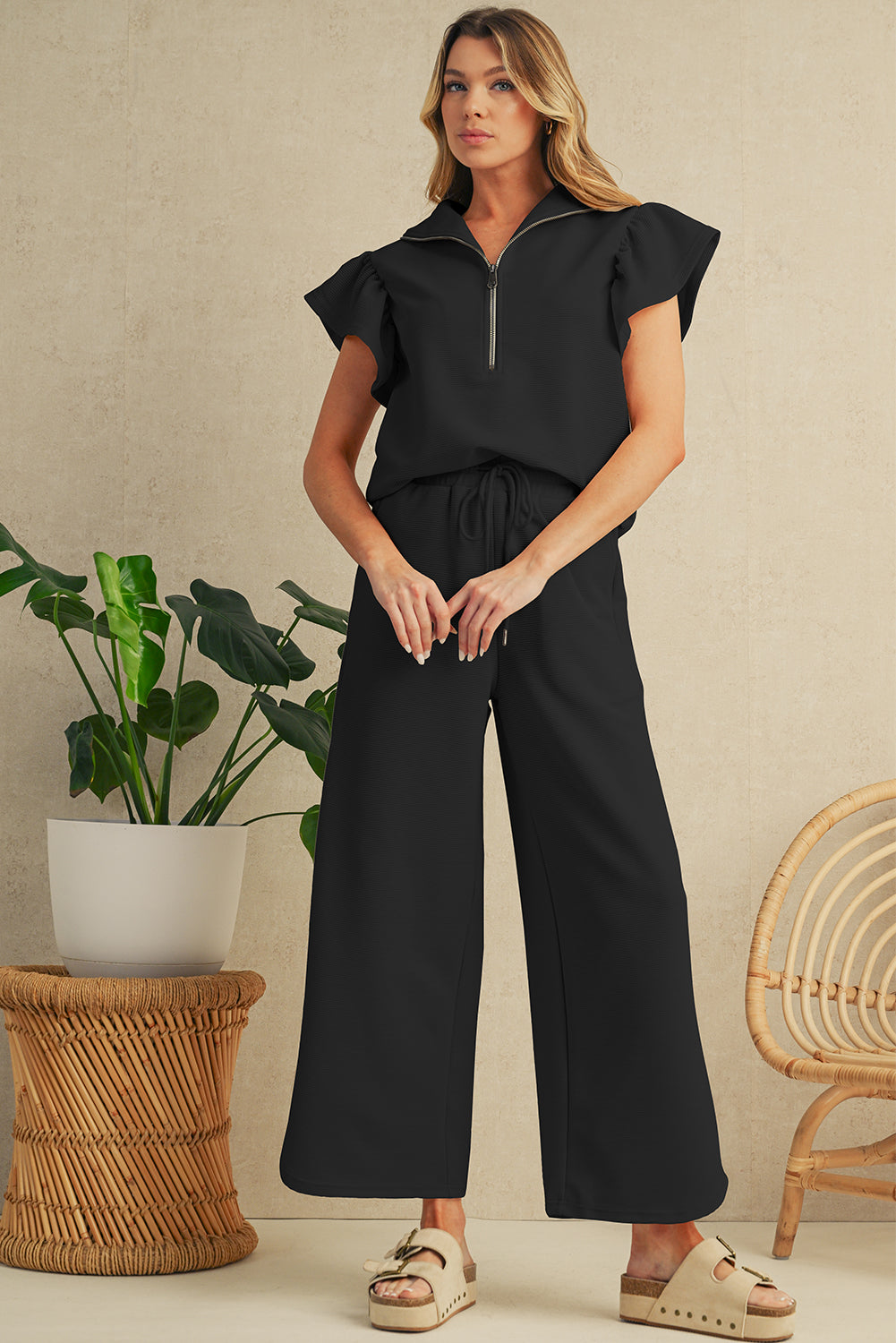 Textured Ruffle Sleeve Zipped Top and Wide Leg Pants Set
