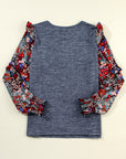 Floral Patchwork Ruffle Tiered Sleeve Crewneck Blouse