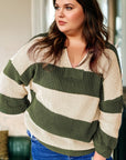 Plus Size Stripe Colorblock Notched Neck Sweater