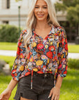 Floral 3/4 Puff Sleeve Tied Neck Blouse