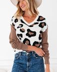 Leopard Colorblock Drop Shoulder V-Neck Sweater
