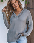 Collins V Neck Ribbed Drop Shoulder Hooded Sweater
