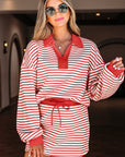 Stripe Collared V-Neck Pullover and Skort Set