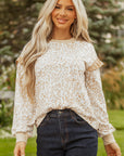 Leopard Ruffle Ribbed Trim Round Neck Sweatshirt