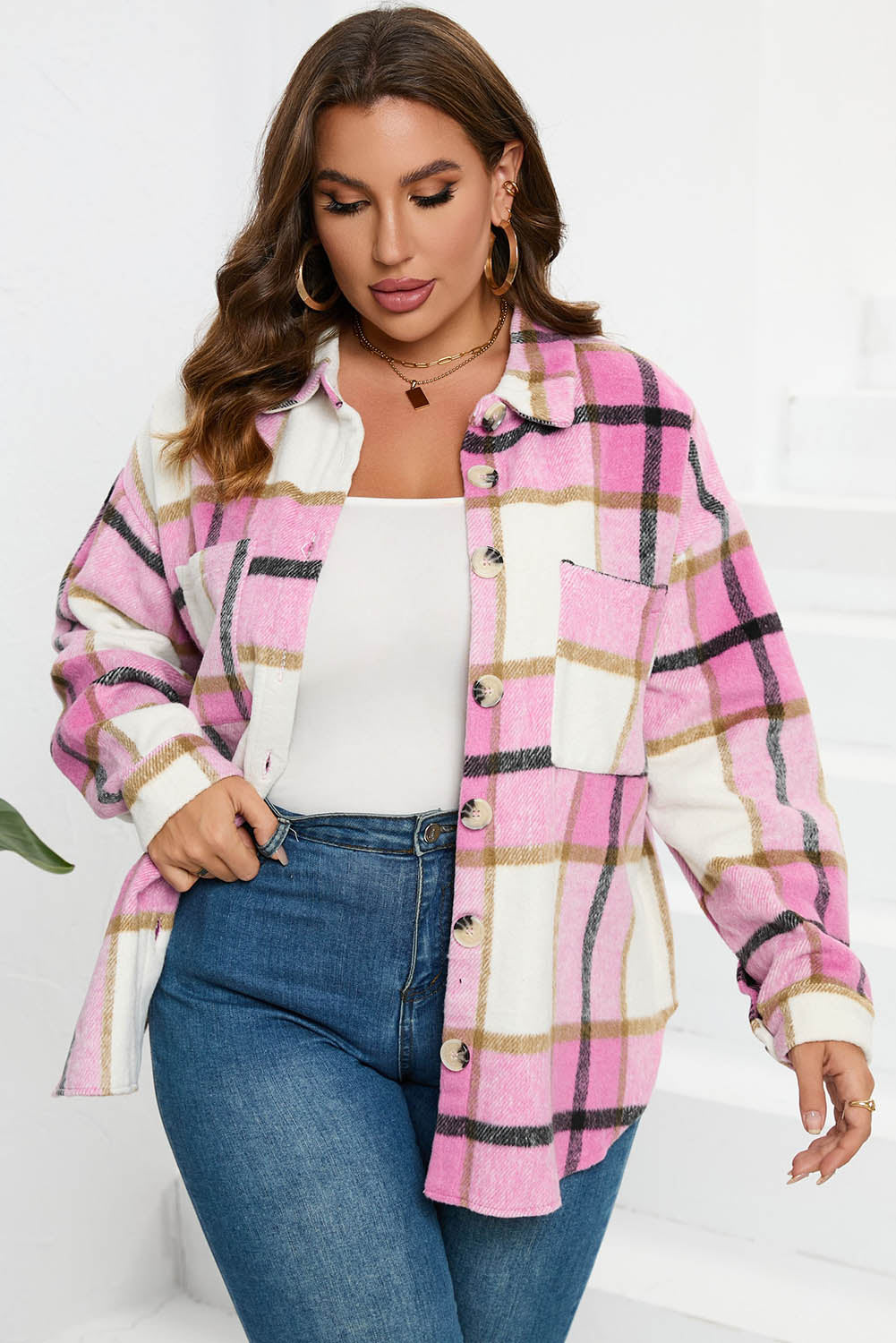 Plaid Button-Up Long Sleeve Pocketed Shacket