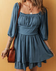 Solid Ruched Frilled Neck 3/4 Sleeve Dress