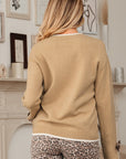 Leopard Bow Split Cuff Contrast Trim Sweater
