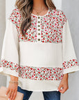 Floral Gauze Patchwork 3/4 Sleeve Blouse