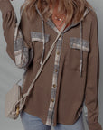Plaid Patchwork Button-Up Drawstring Hooded Shacket