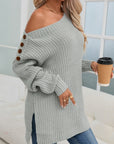 Solid Buttoned Drop Shoulder Sweater