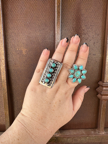 Stunning Handmade Turquoise & Sterling Silver Adjustable 4 Circle Stone Ring