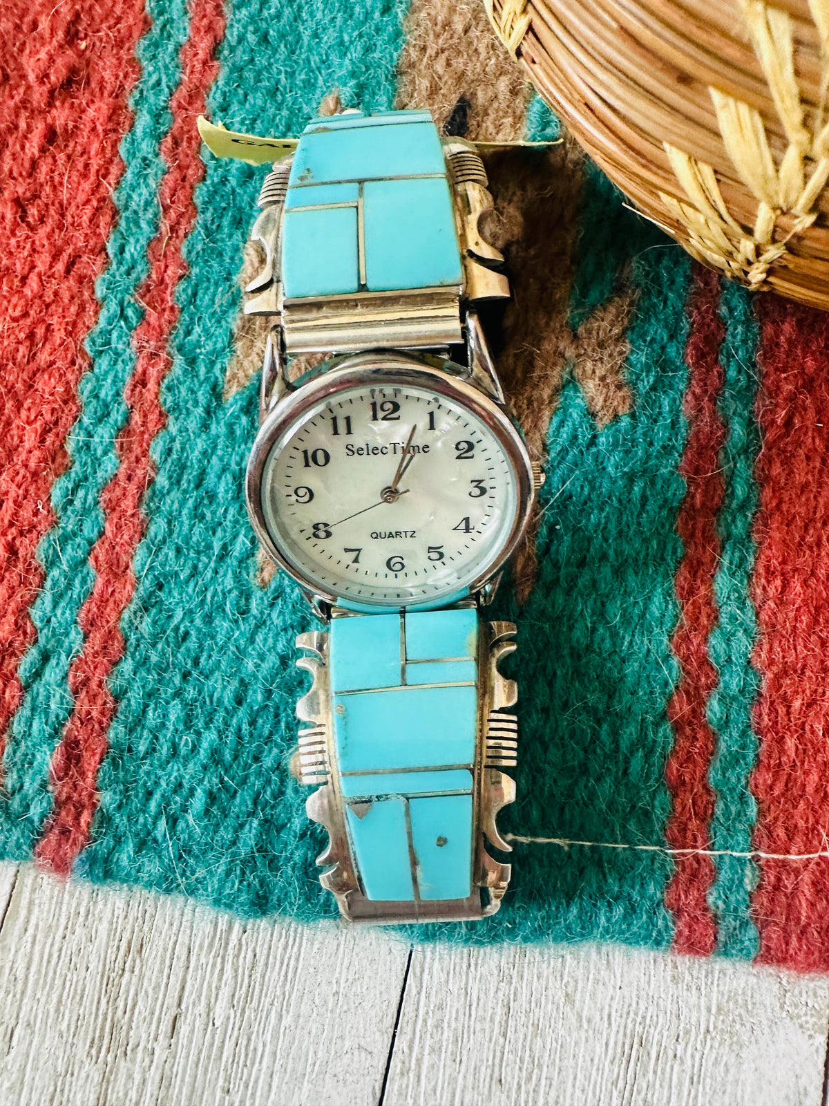 Old Pawn Vintage Navajo Turquoise & Sterling Silver Inlay Watch