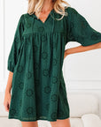 Solid Embroidered Eyelet 3/4 Sleeve Mini Dress