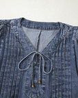 Denim 3/4 Sleeve Tied V-Neck Pleated Mini Dress