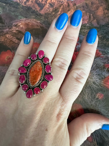 Handmade Pink Opal, Orange Mojave And Sterling Silver Adjustable Ring