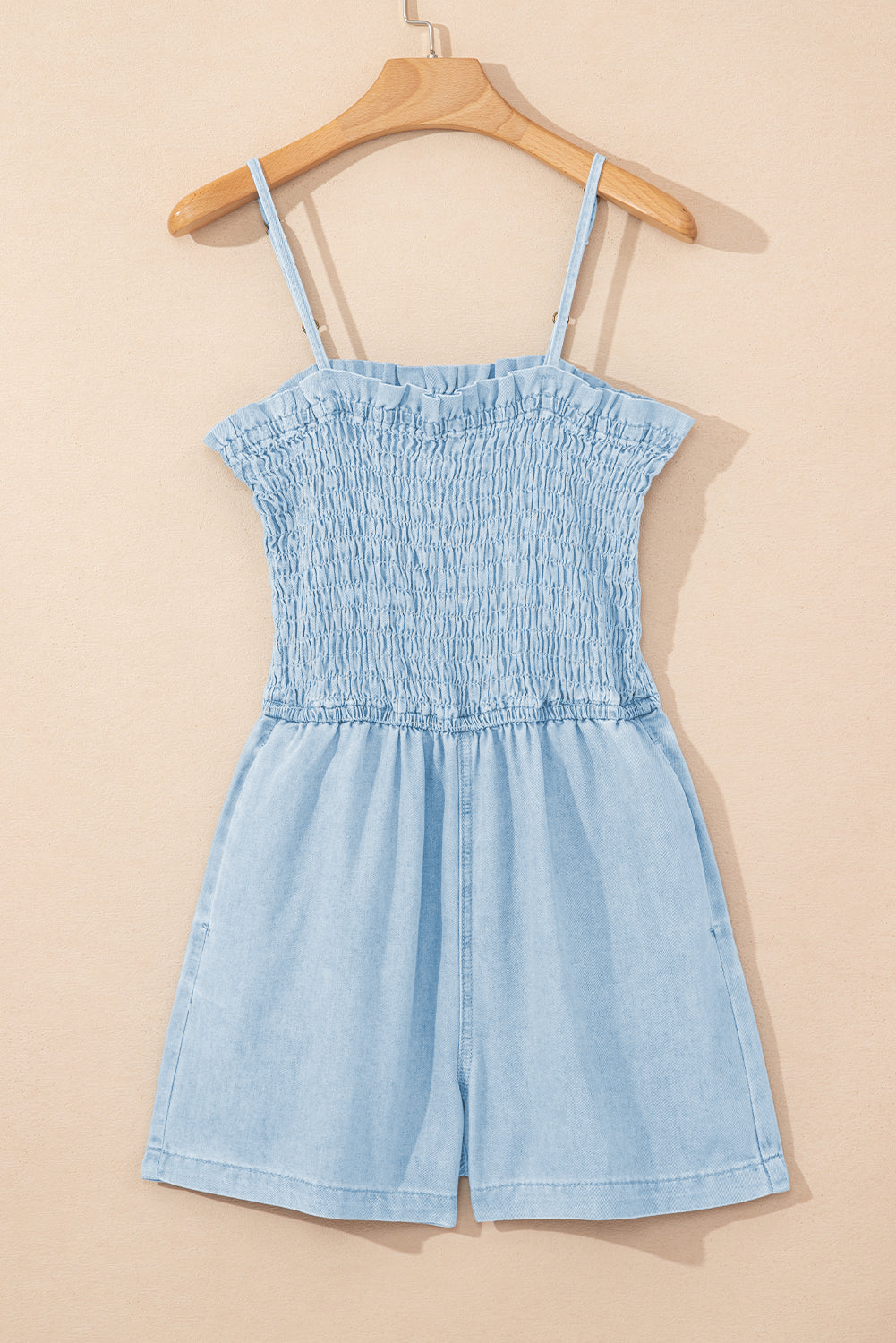 Haisley Spaghetti Strap Smocked Denim Romper