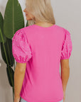 Ribbed Pearl Beaded Puff Sleeve Top