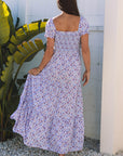 Floral Bubble Sleeve Shirred High Waist Maxi Dress