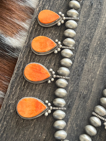 Navajo Sterling Silver And Orange Spiny Oyster Shell Dragonfly Bead Necklace by Selena Warner