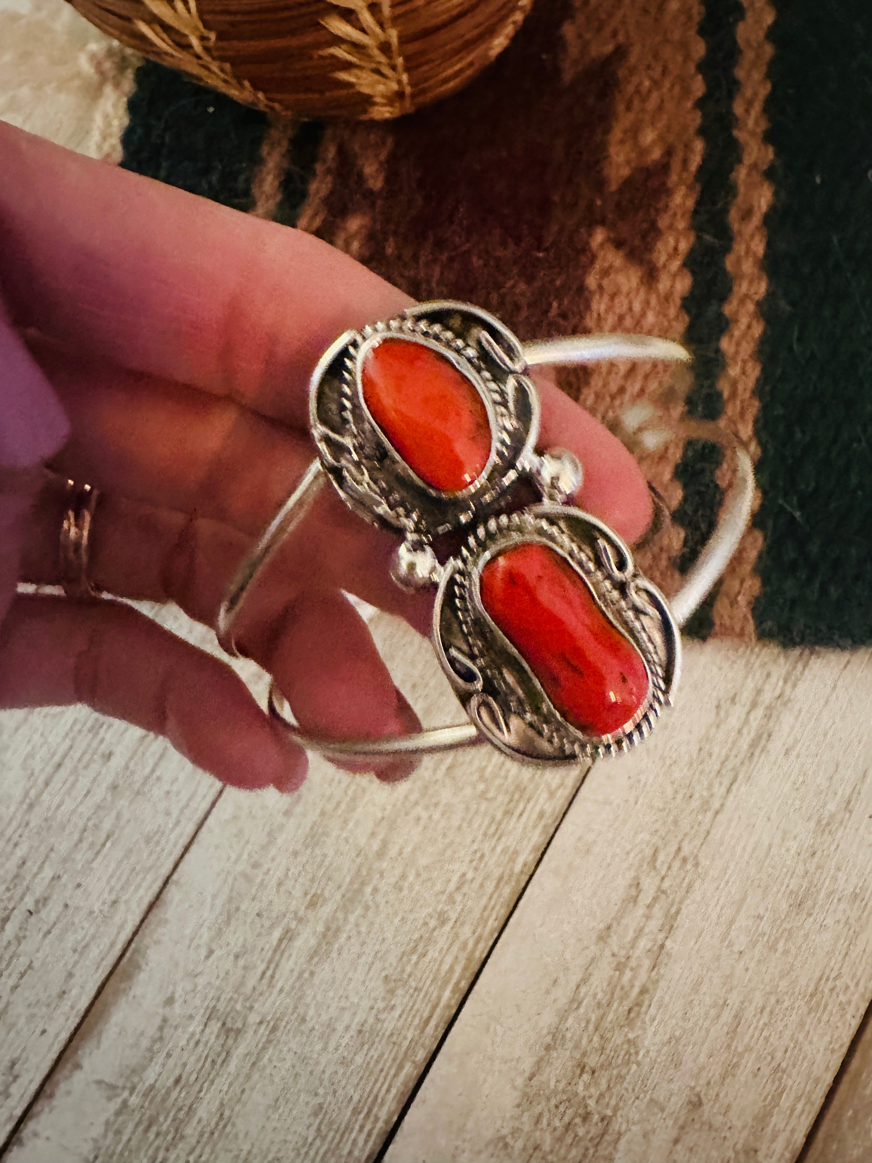 Old Pawn Navajo Sterling Silver & Coral Cuff Bracelet