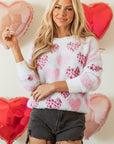 Valentine Leopard Heart Pearl Beaded Fuzzy Sweater