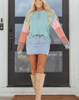 Colorblock Corded Knit Long Sleeve Henley Top