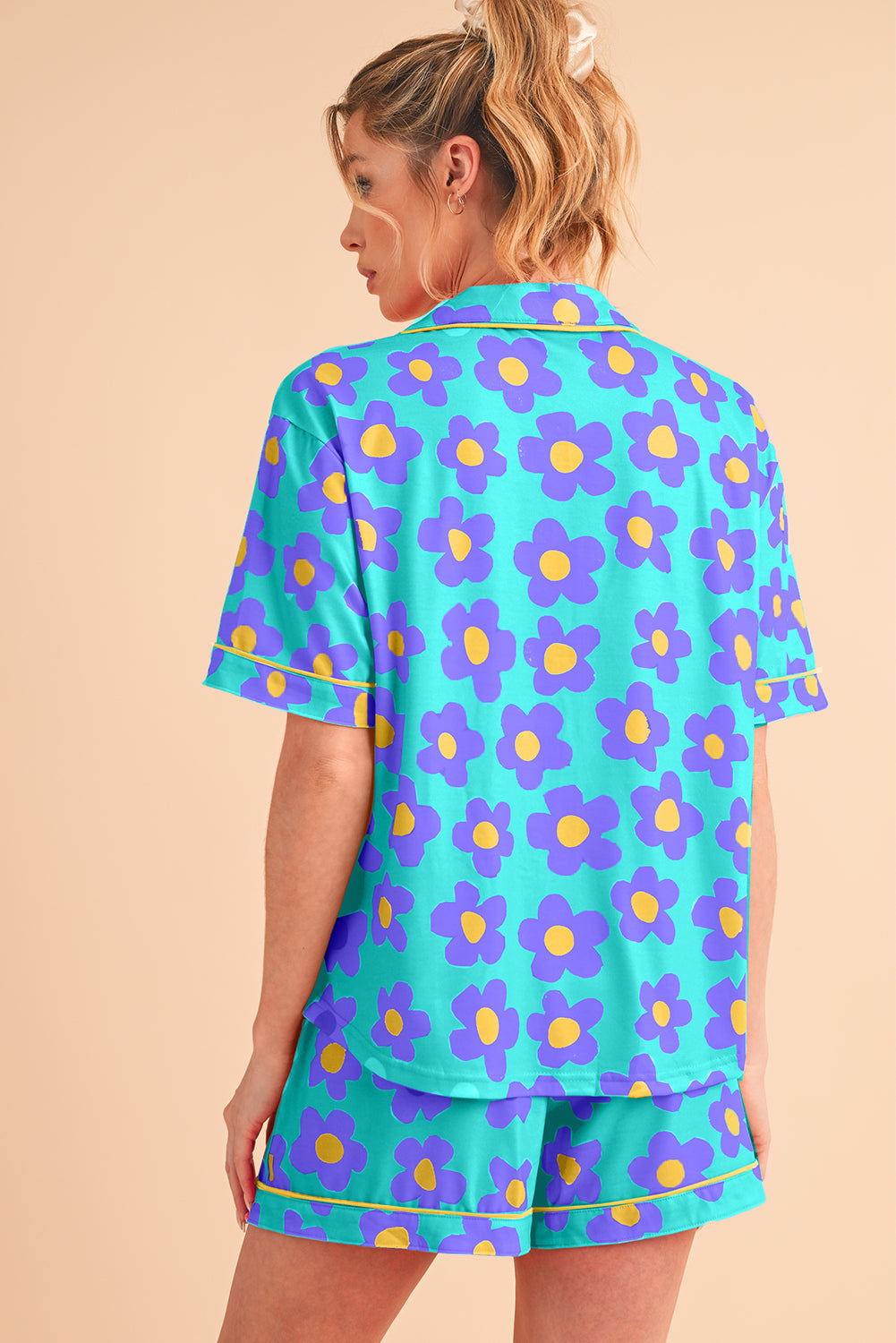 Flower Print Buttoned Shirt And Drawstring Waist Pajama Set