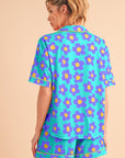 Flower Print Buttoned Shirt And Drawstring Waist Pajama Set