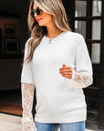 Lace Patchwork Sleeve Faux Two-Piece Fuzzy Sweater
