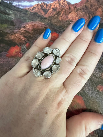 Handmade Sterling Silver, Herkimer Diamond & Queen Pink Conch Shell Cluster Adjustable Ring