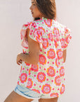 Floral Ricrac Trim  Ruffle Sleeve Blouse