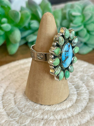 Beautiful Handmade Golden Hills, Turquoise And Sterling Silver Adjustable Ring