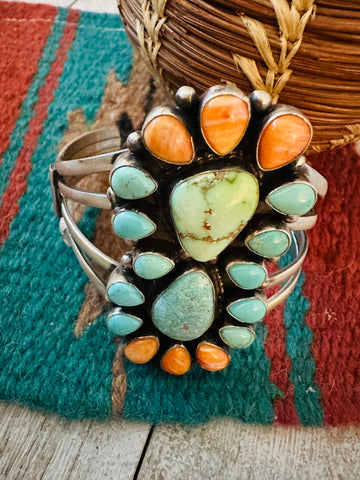 Navajo Spiny Oyster, Turquoise & Sterling Silver Cluster Cuff Bracelet