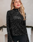Solid Sequin Backless Bell Sleeve Top