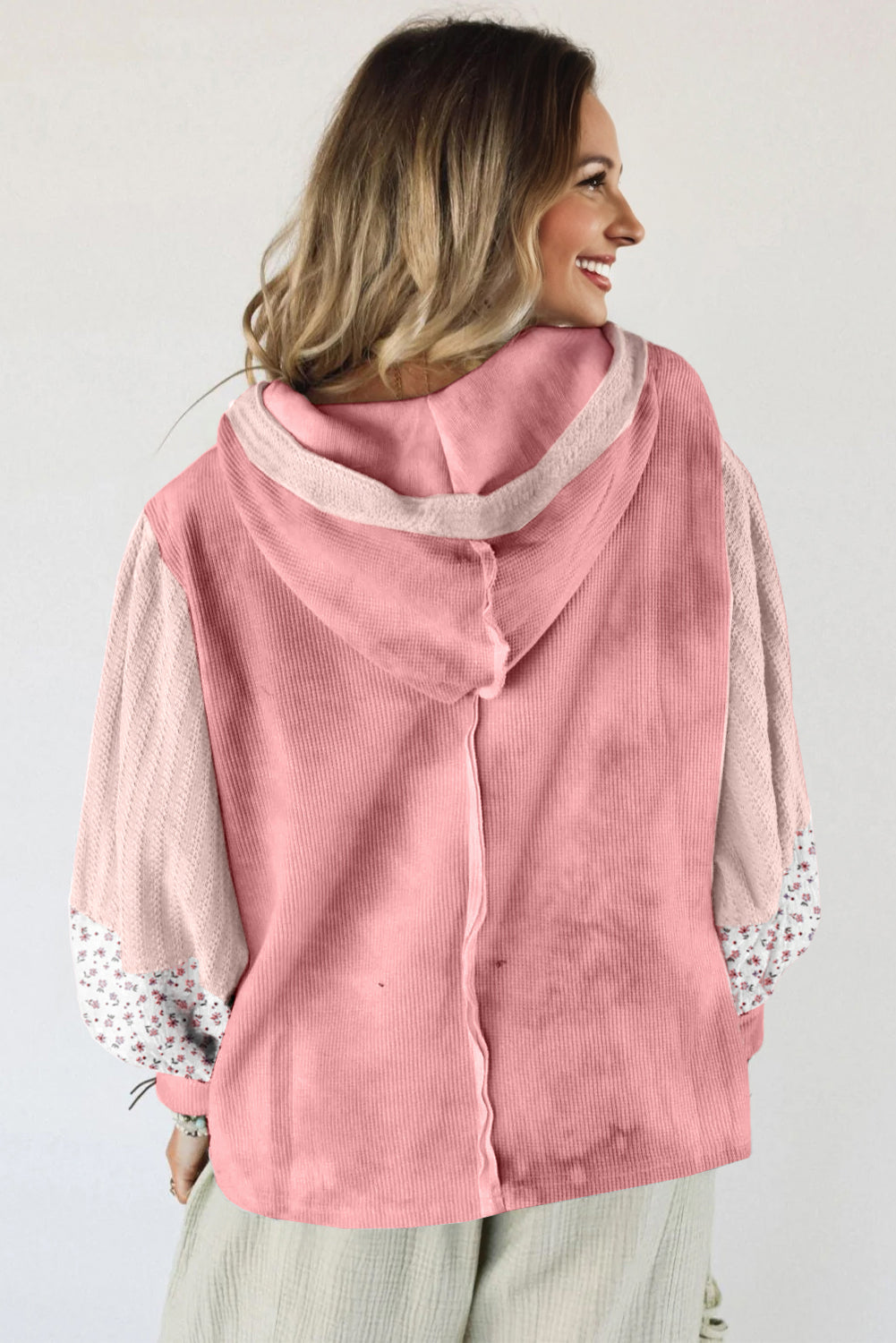 Floral Patchwork Waffle Textured V-Neck Hooded Top