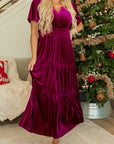 Velvet Shirred Waist Tiered Maxi Dress