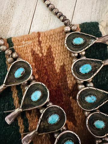 Vintage Navajo Turquoise Sterling Silver Squash Blossom Necklace