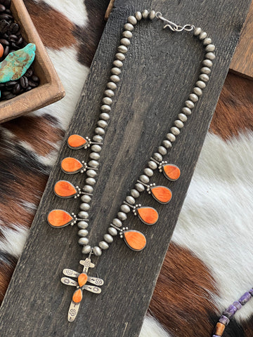 Navajo Sterling Silver And Orange Spiny Oyster Shell Dragonfly Bead Necklace by Selena Warner