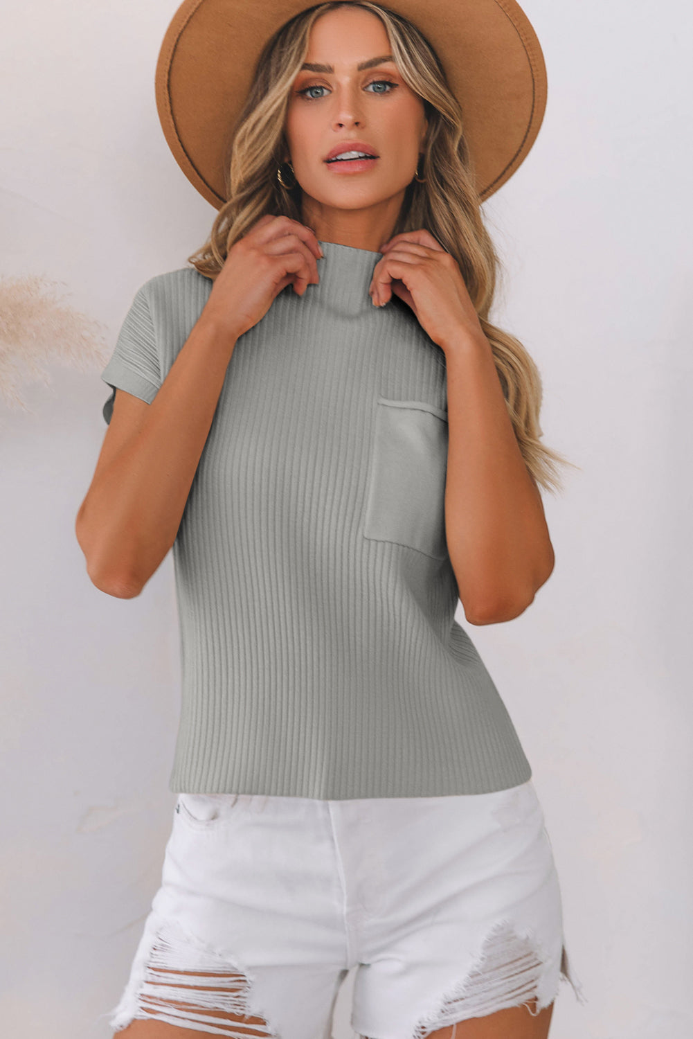 Solid Ribbed Knit Patch Pocket Short Sleeve Sweater