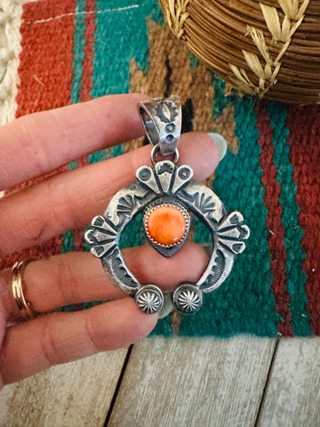 Navajo Sterling Silver & Orange Spiny Naja Pendant by Kevin Billah